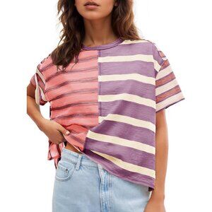 Women's Striped Color Block Cotton Blend Crew Neck Short Sleeve T-Shirt